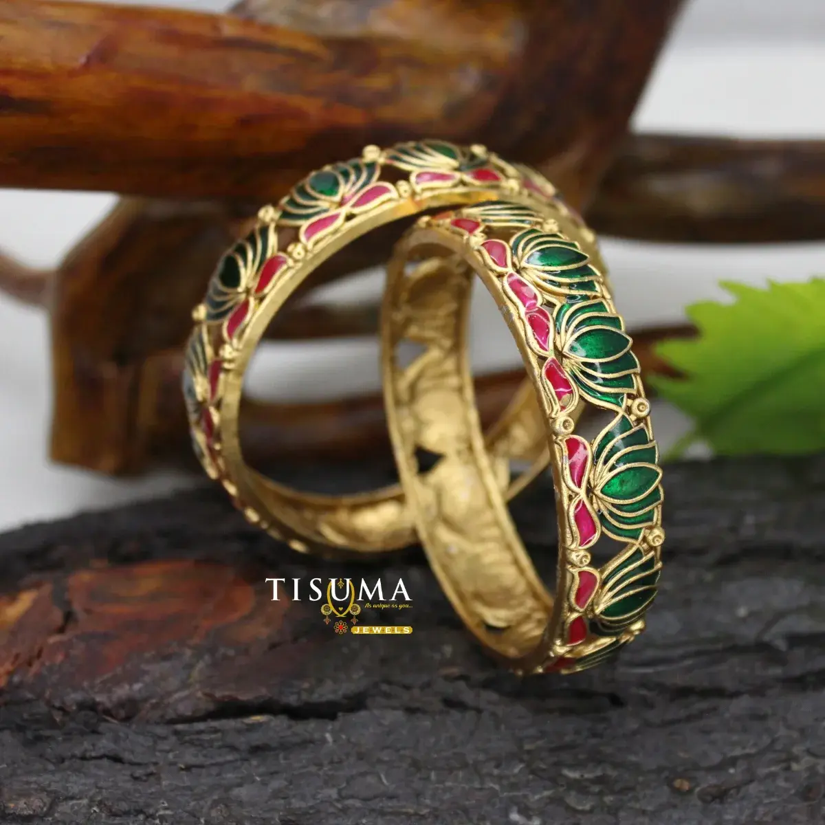 Micro Gold Emerald Lotus Bangles